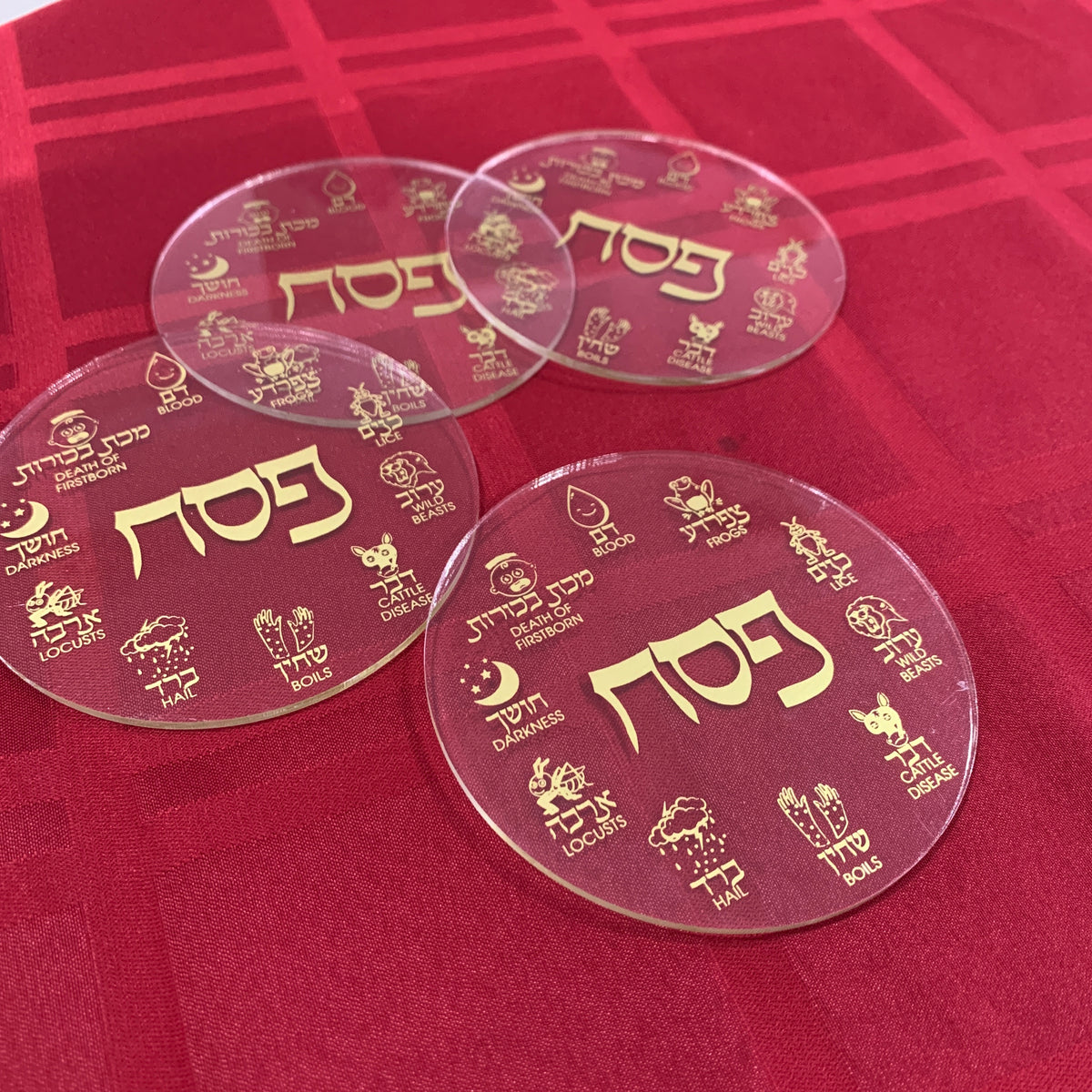 Acrylic Pesach Coasters: Gold Clear