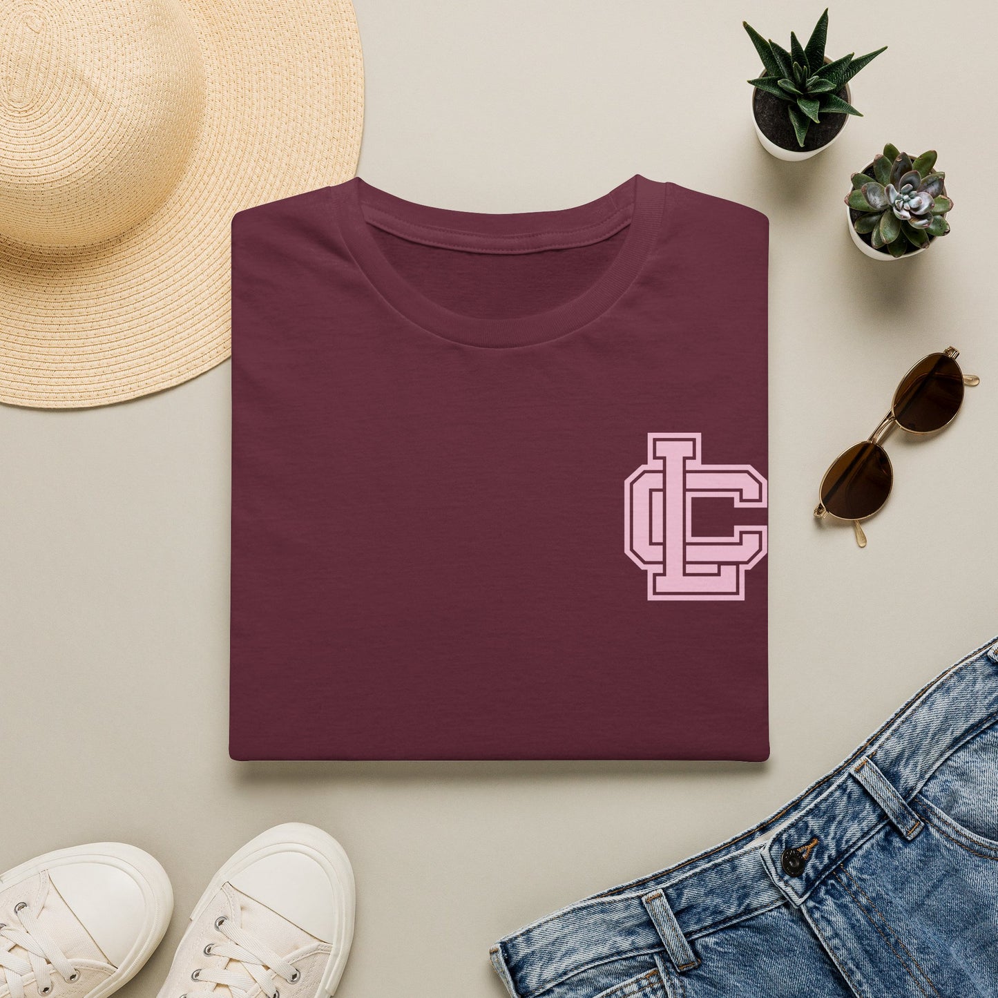 Pink Monogram LC Pocket T-Shirt — Minimal Pastel Logo Tee
