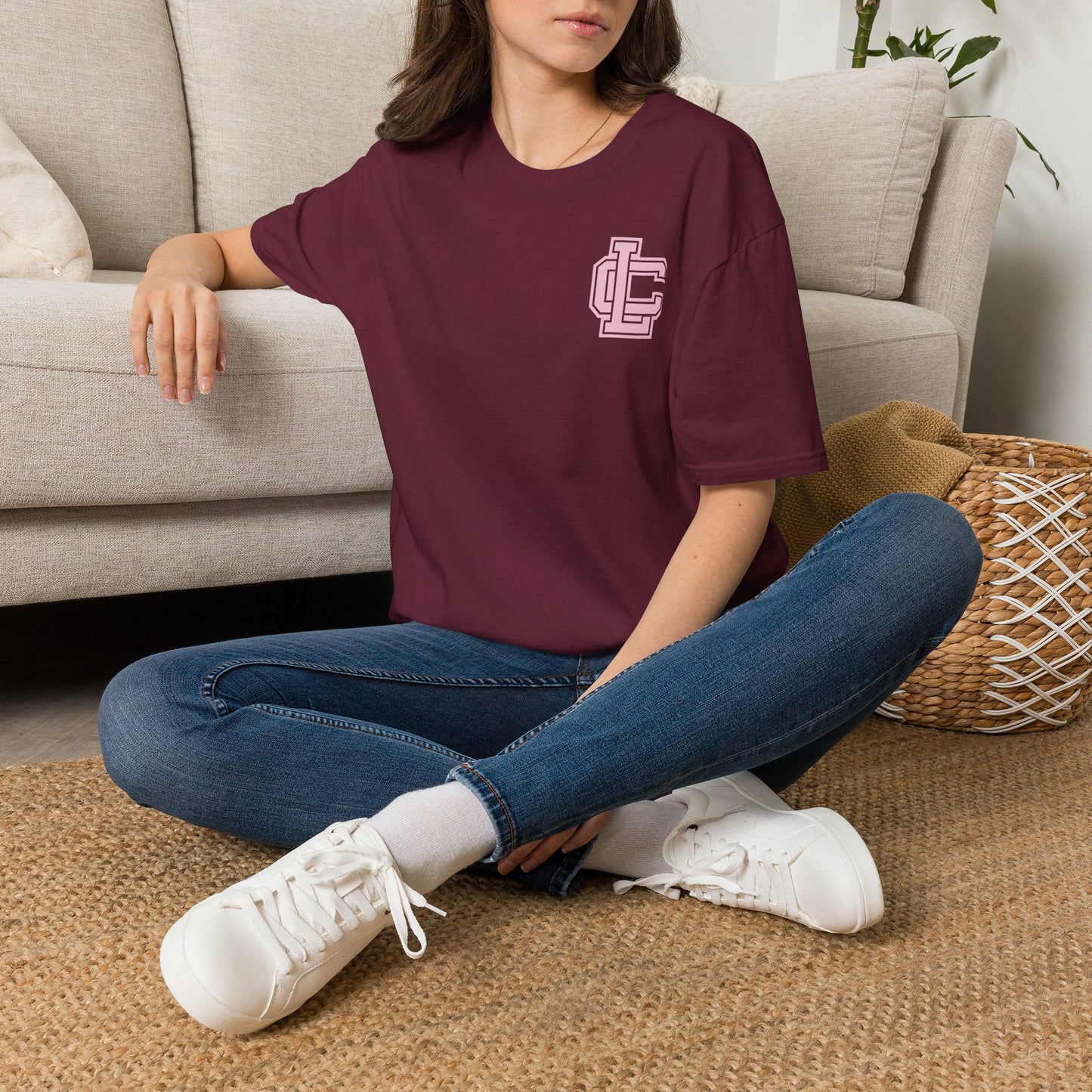 Pink Monogram LC Pocket T-Shirt — Minimal Pastel Logo Tee