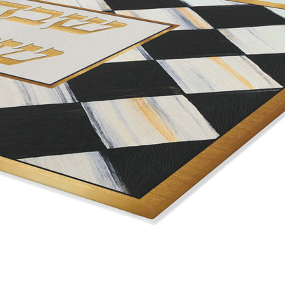 Glass Cutting Board — Shabbat Shalom Checkerboard Design